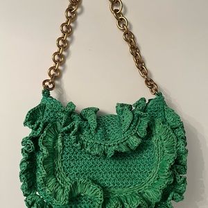 ZARA green ruffle taffeta handbag.  Used once.  Like new. Magnetic close.